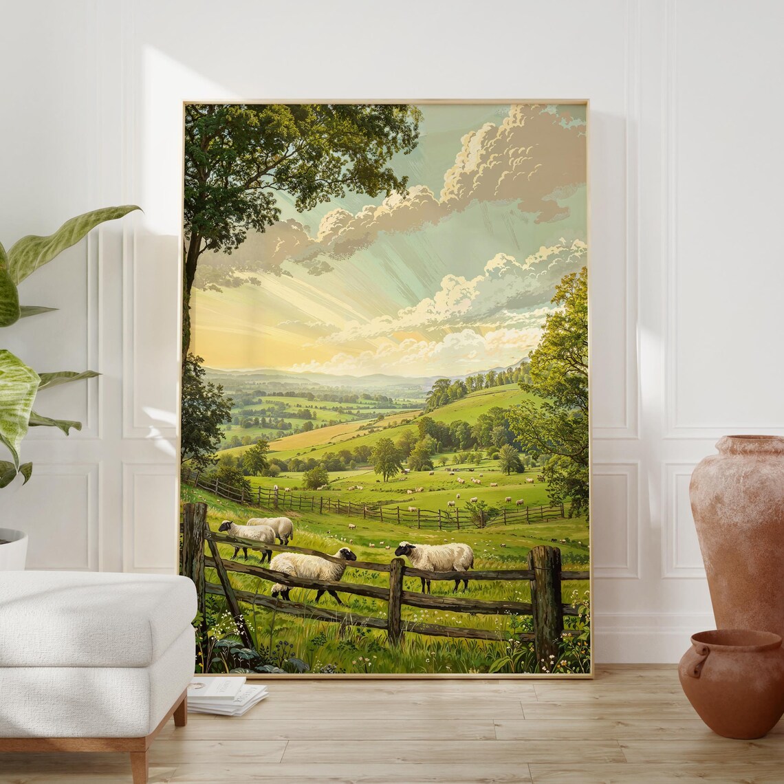 Sheep Grazing in a Lush Green English Countryside Meadow Poster - Image 2
