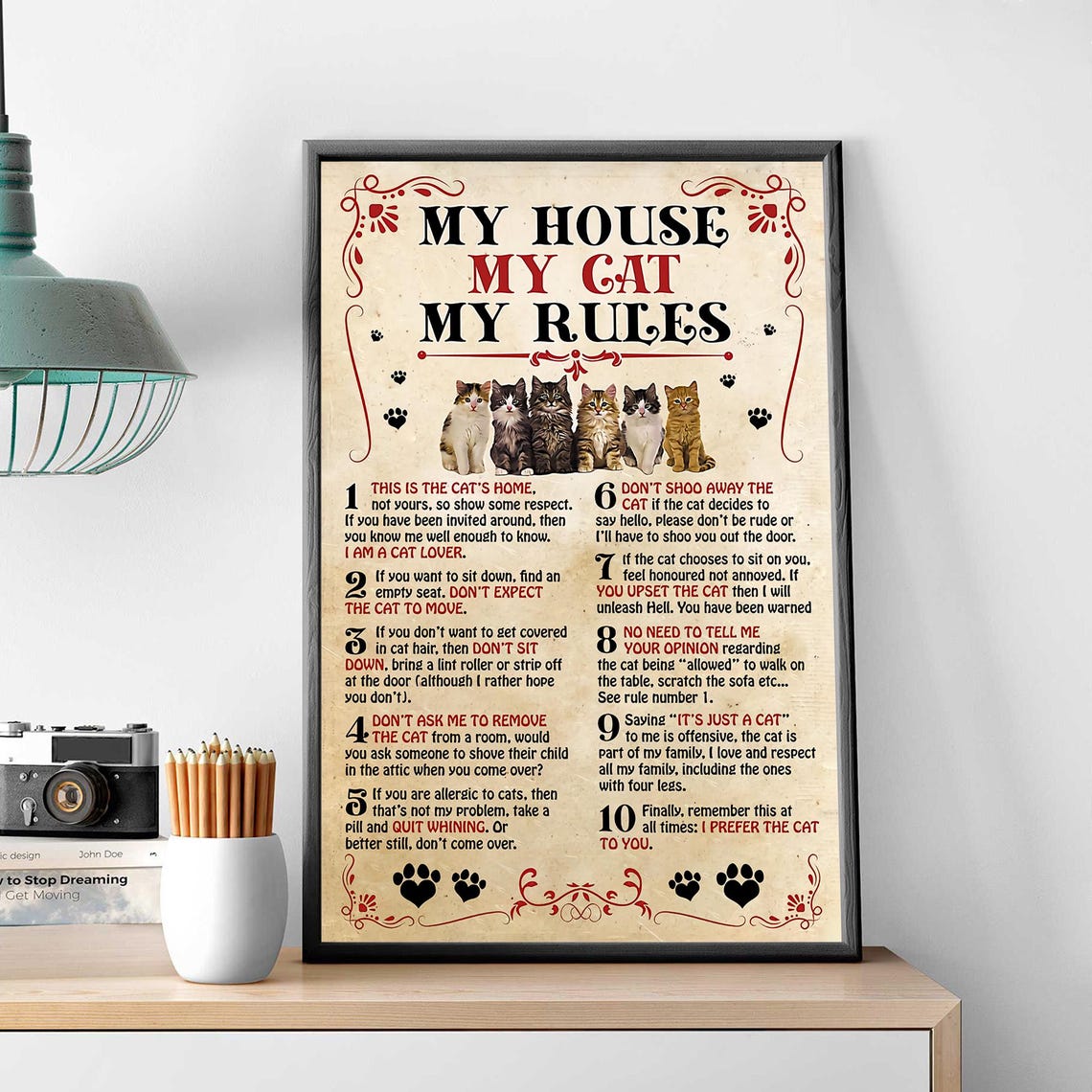 Funny Cat House Rules My House My Cat My Rules Vintage Kitten Poster - Image 3