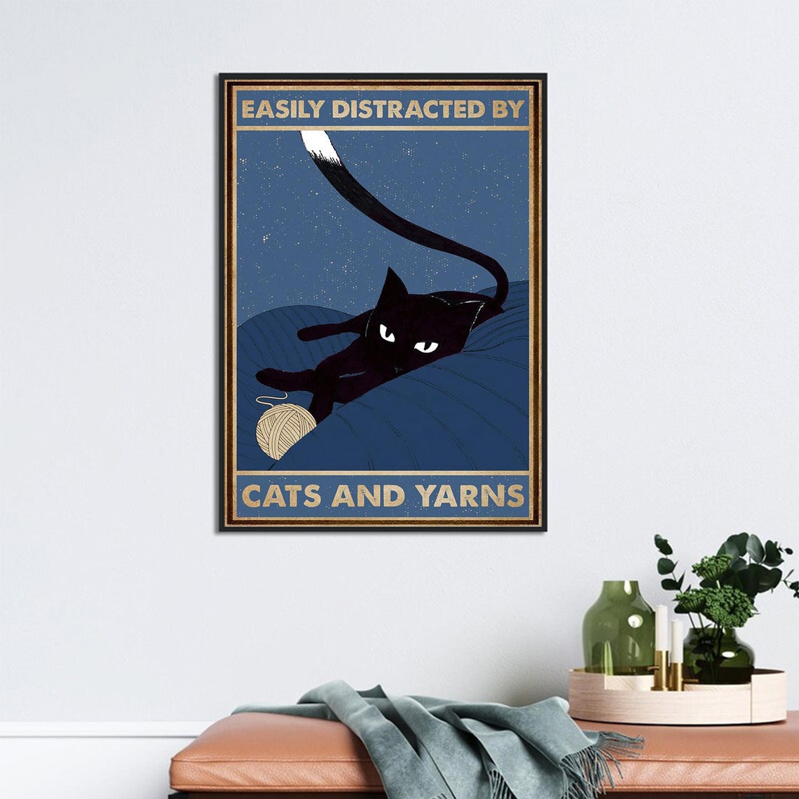 Easily Distracted By Cats And Yarns Funny Black Cat Vintage Poster - Image 3