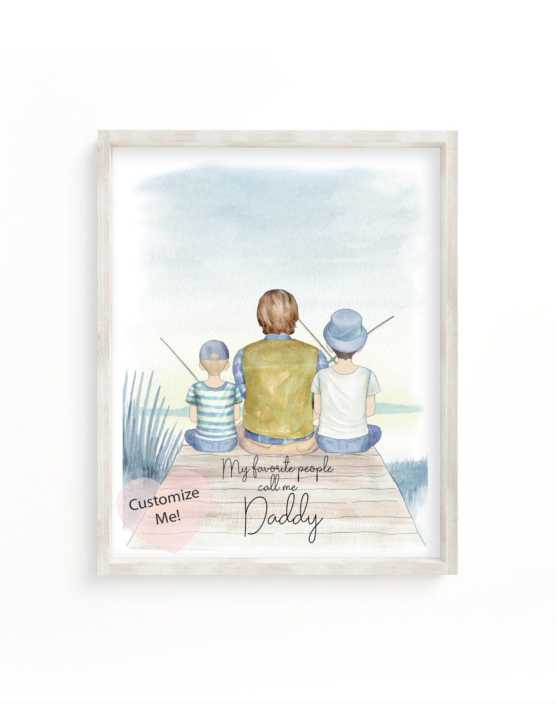 Fishing Daddy Custom Portrait Poster Father and Two Kids Lake Dock