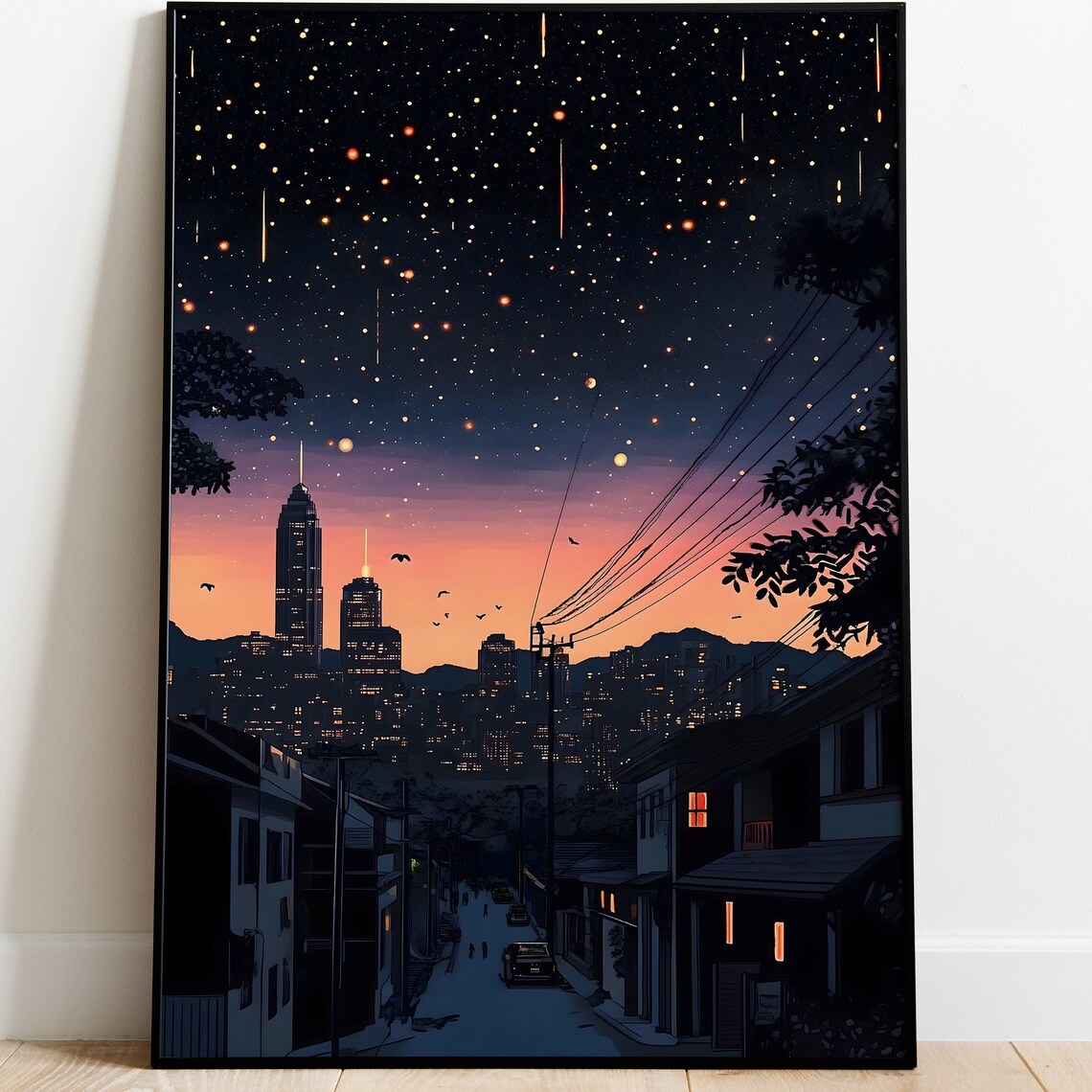 Shooting Stars Night Skyline City Street Anime Painting Style Poster
