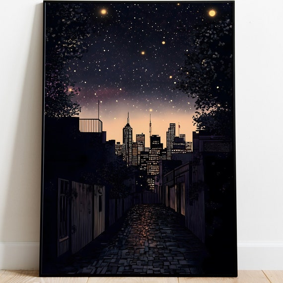 South Korean Night Sky Painting Seoul Night Art Starry Sky Decor Kpop Travel Wall Art Unique Korean Home Decor