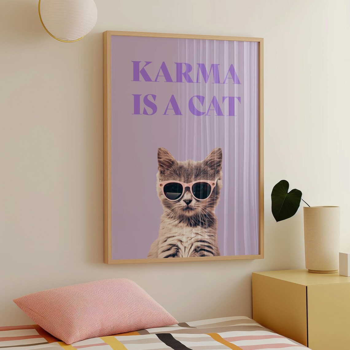 Karma Is a Cat Print, Purple Preppy Decor