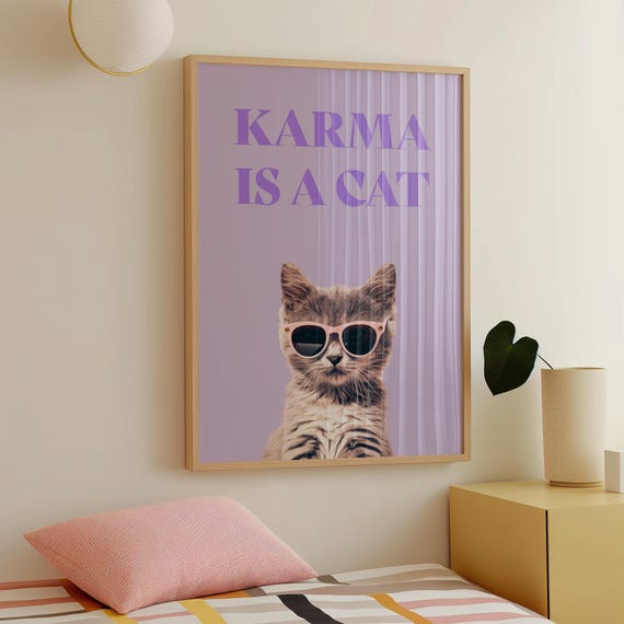 Karma Is a Cat Print, Purple Preppy Decor