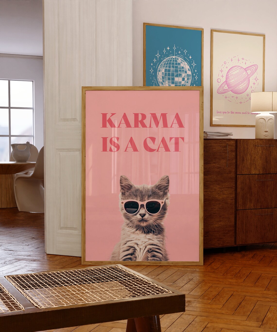 Karma Is A Cat Art Print, Pink Preppy Decor