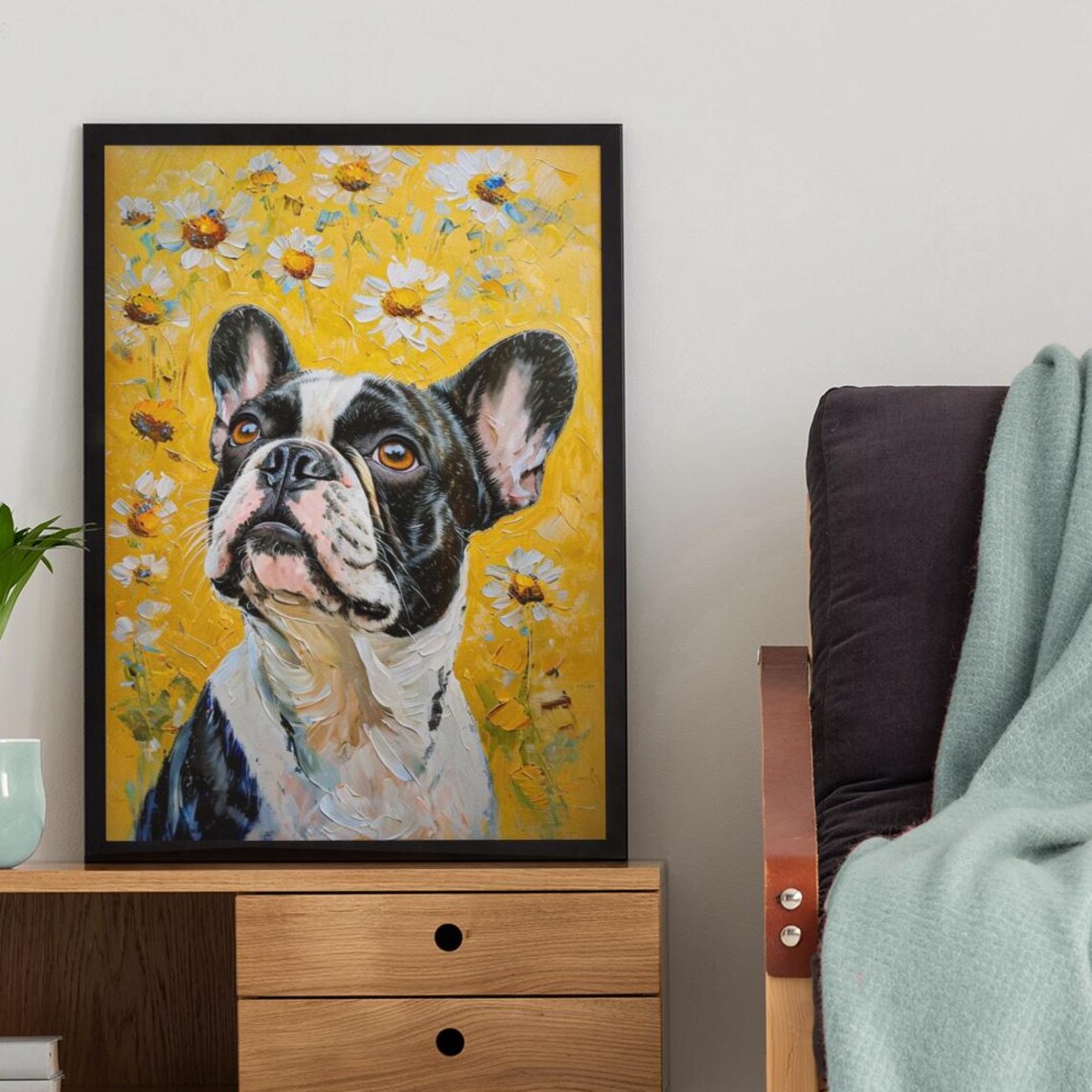 French Bulldog Floral Dog Portrait, Cute Pet Decor