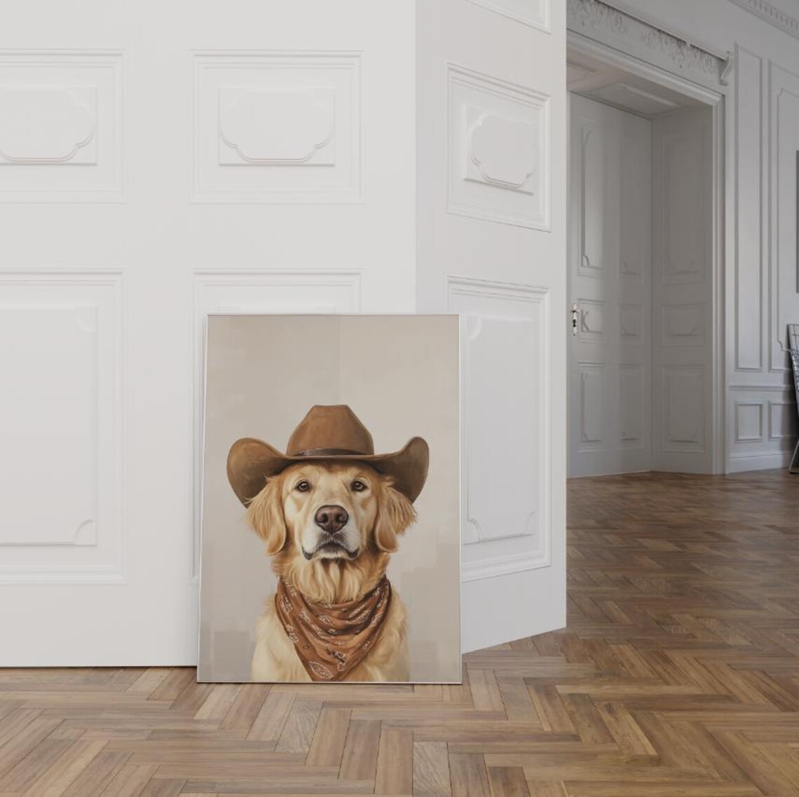Golden Retriever Cowboy Print, Neutral Western Art
