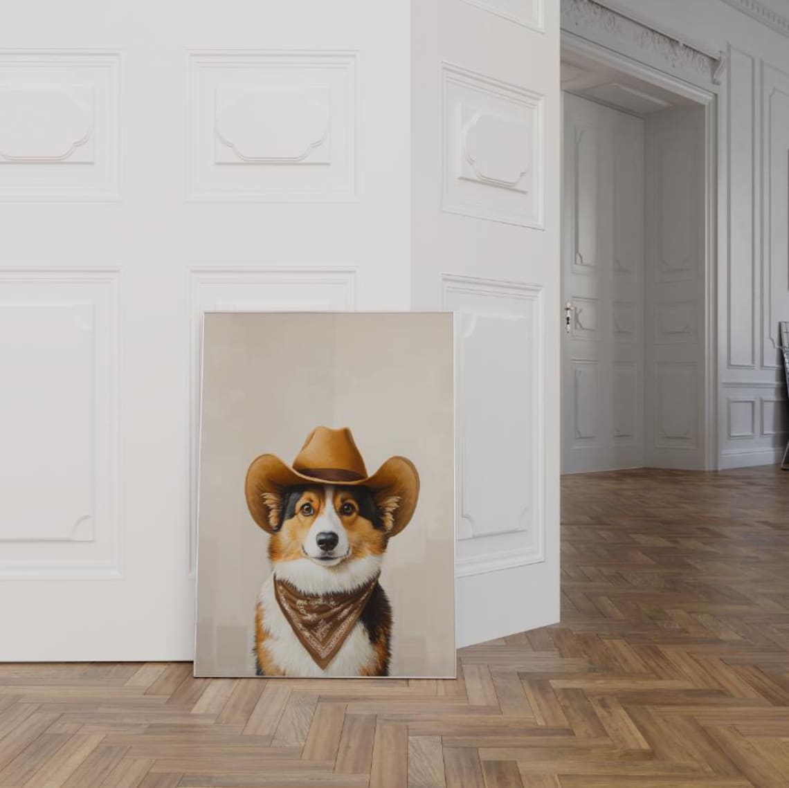 Welsh Corgi Dog Cowgirl Hat Bandana Cute Western Pet Portrait Poster