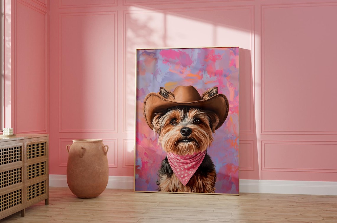 Yorkshire Terrier Cowgirl Hat Print, Western Art Print
