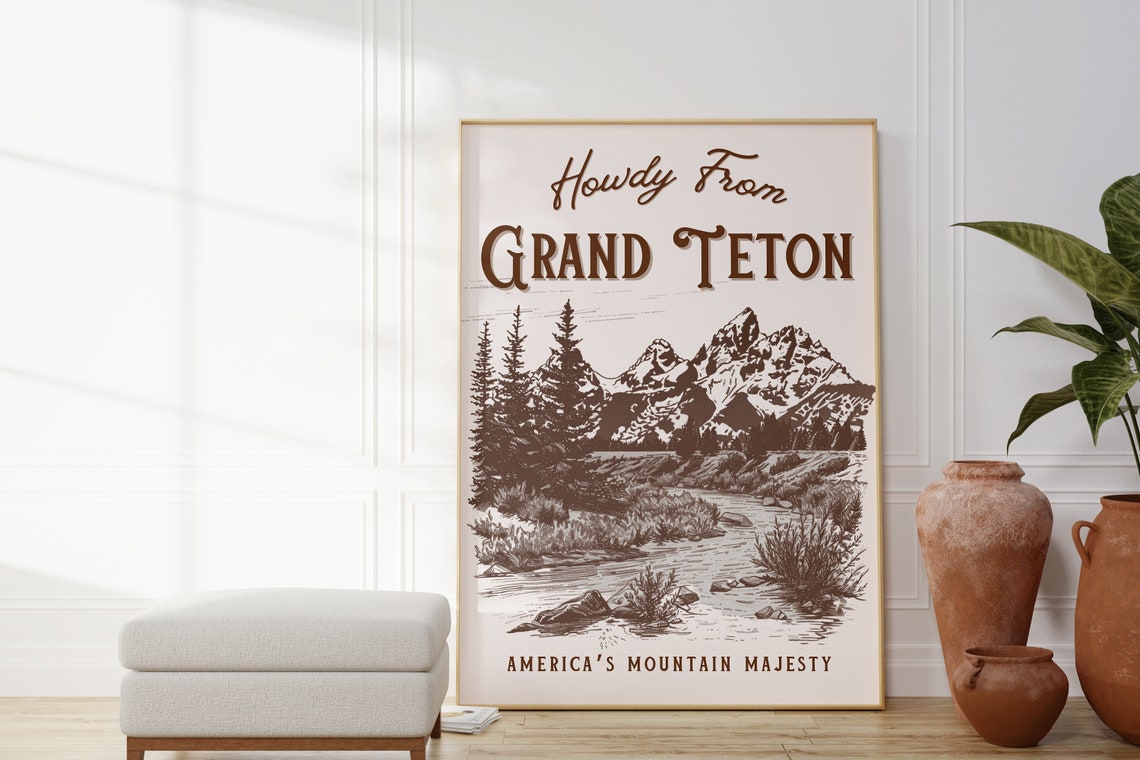 Howdy From Grand Teton Vintage Travel Style Mountain Art Poster - Image 2