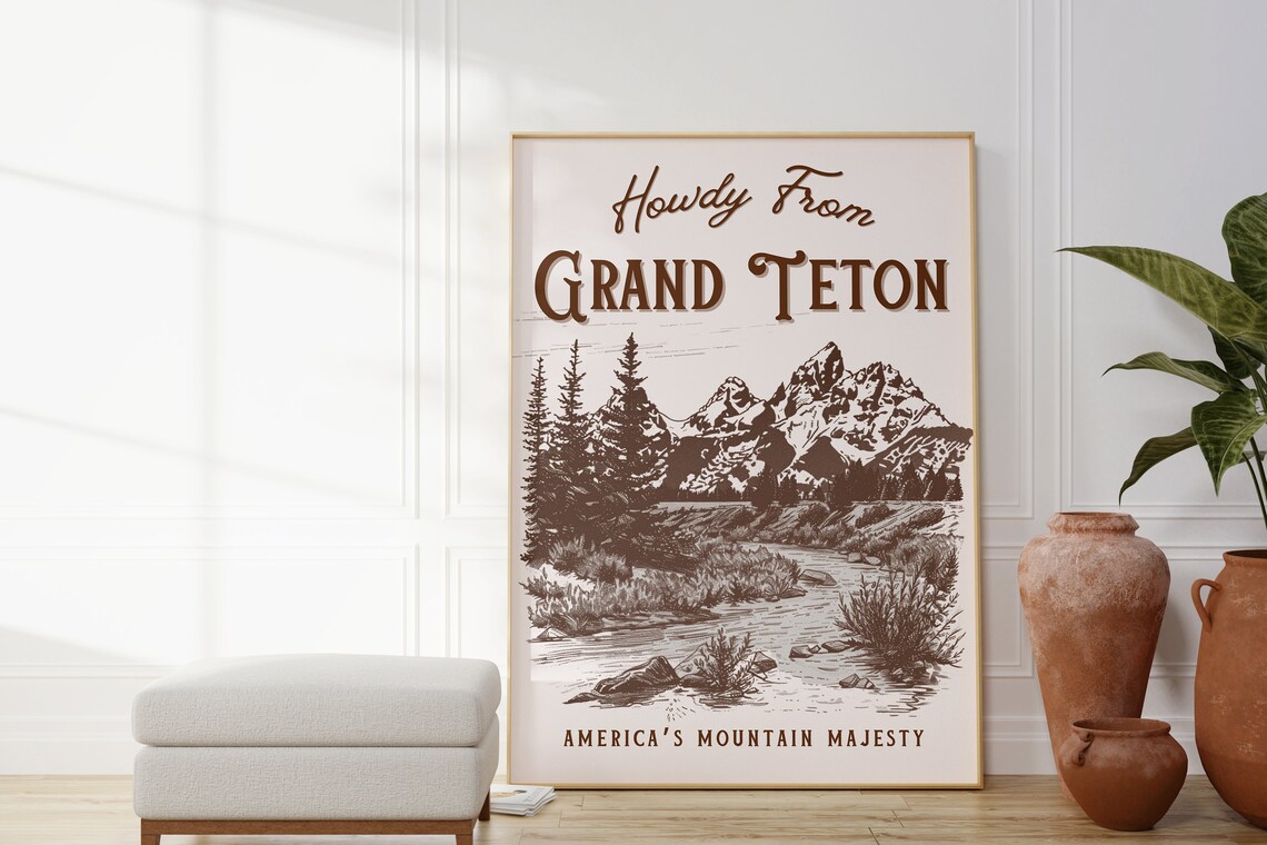 Vintage Grand Teton Travel Wall Art Travel Poster Wall Art National Park Poster Western Wall Art Postcard Decor Art Wall Art - Image 2