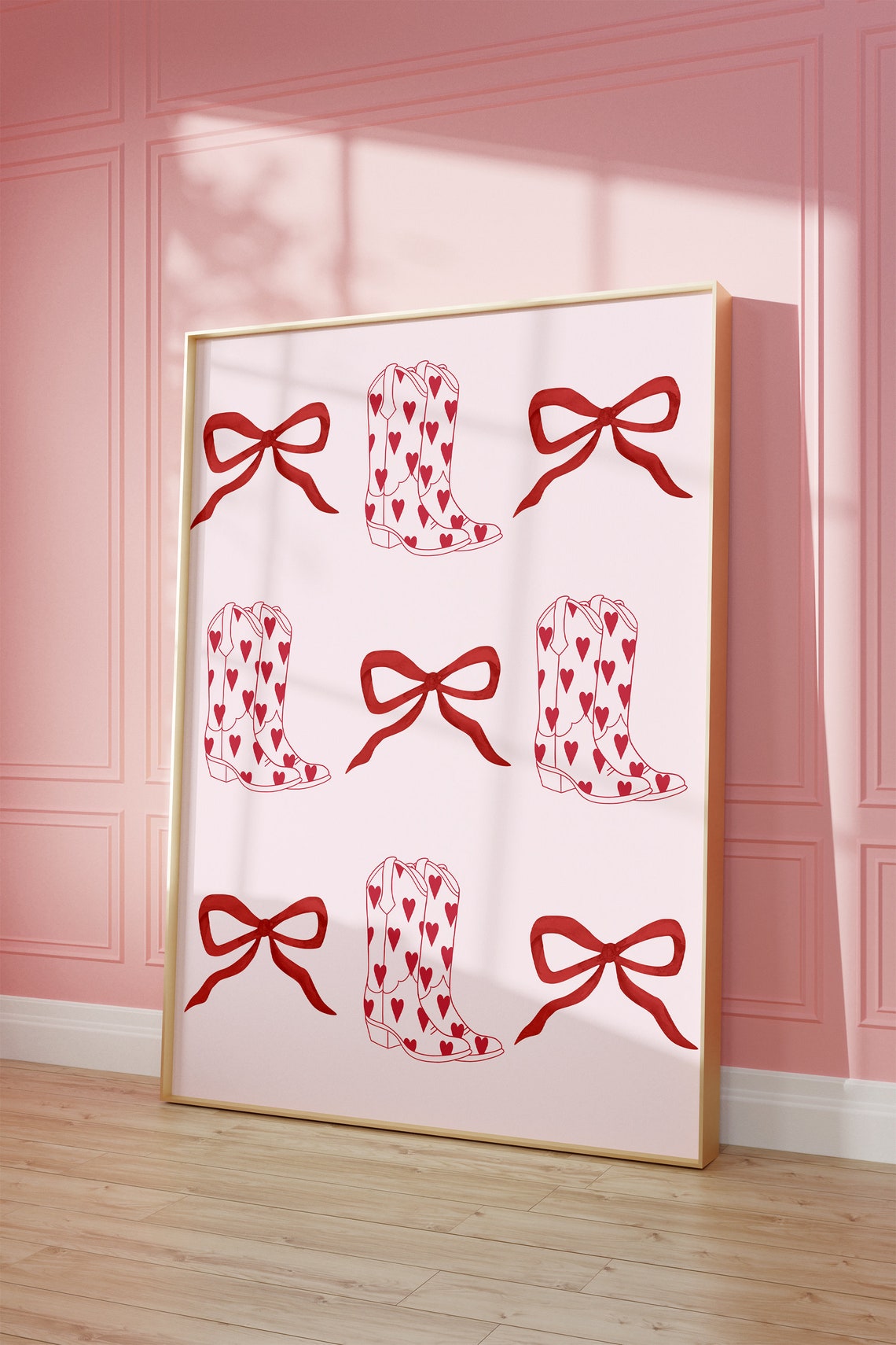 Red Heart Cowboy Boots And Ribbon Bows Coquette Pattern Poster