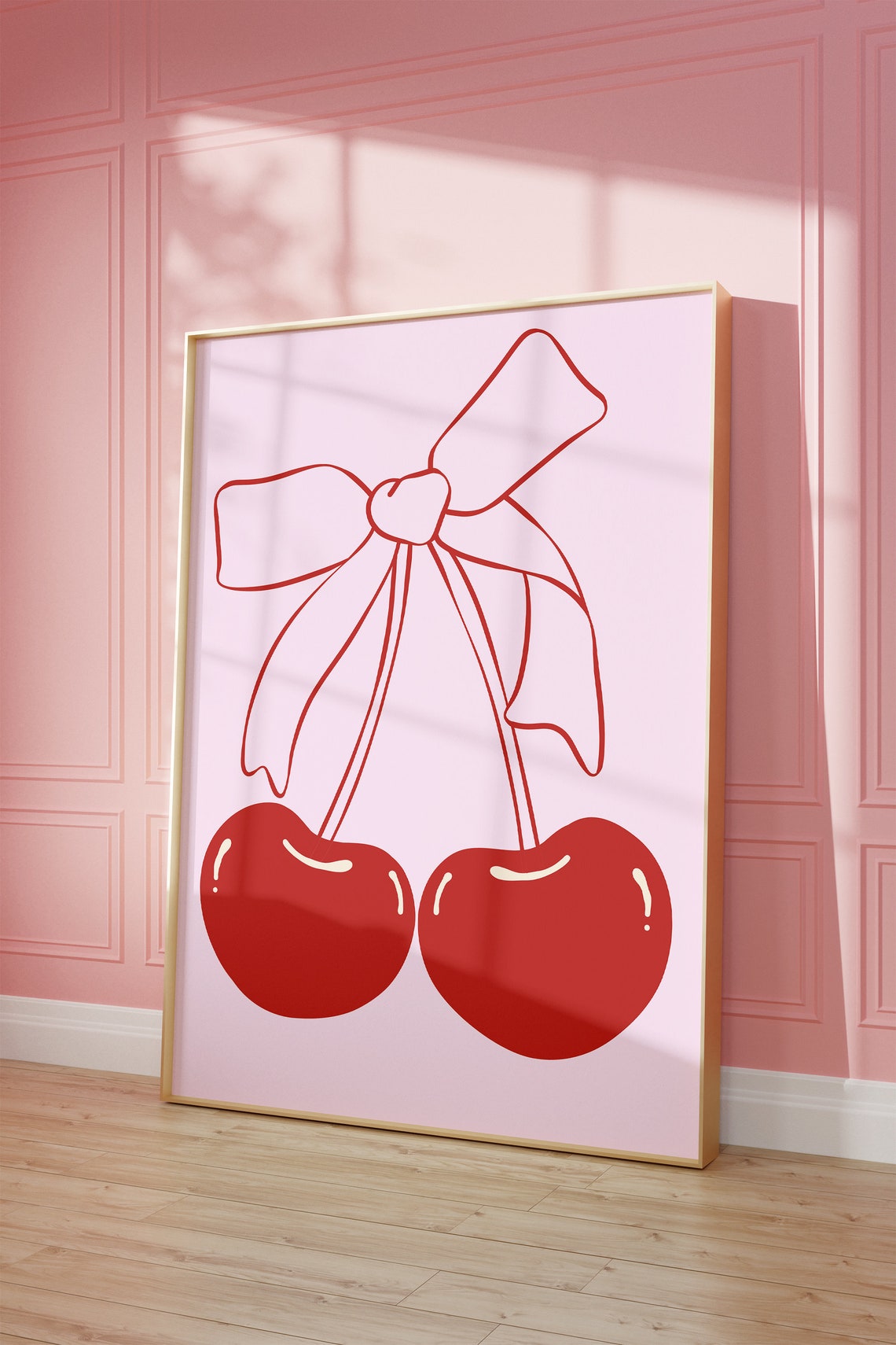 Cherry Bow Red Fruit Coquette Minimalist Pink Kitchen Wall Art