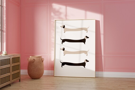 Dachshund Lineup Minimalist Beige Black Cute Dog Breed Art Poster