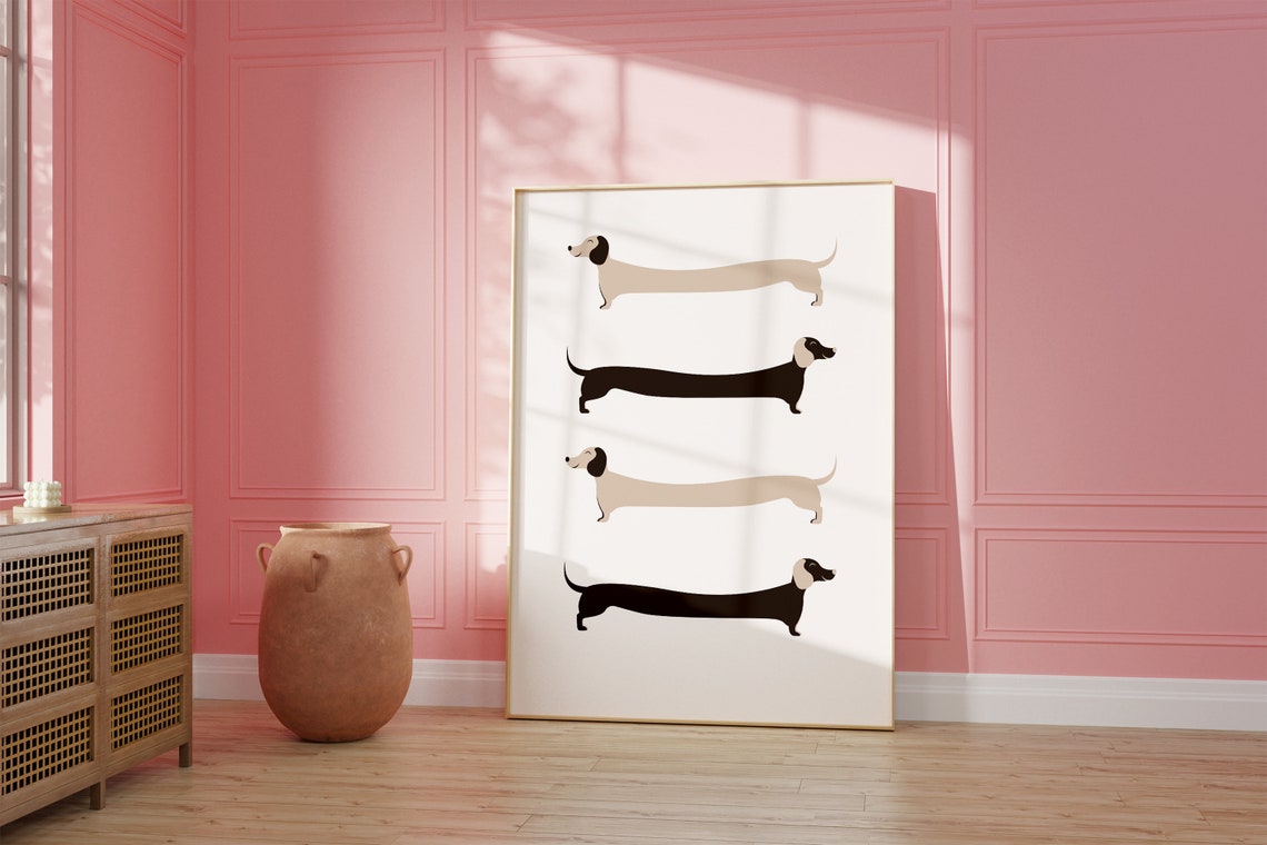 Dachshund Lineup Minimalist Beige Black Cute Dog Breed Art Poster