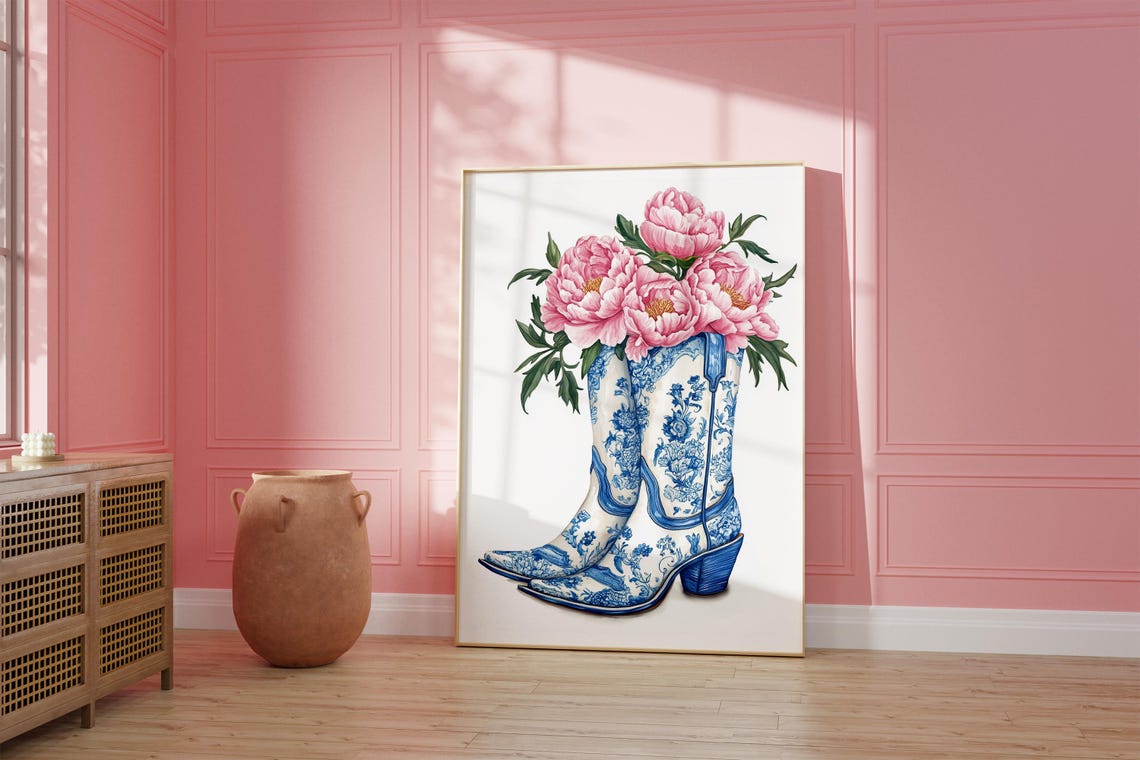 Chinoserie Cowgirl Boots Blue Coquette Coastal Cowgirl Decor Preppy Aesthetic French Trendy Romantic Preppy Dorm Decor Art