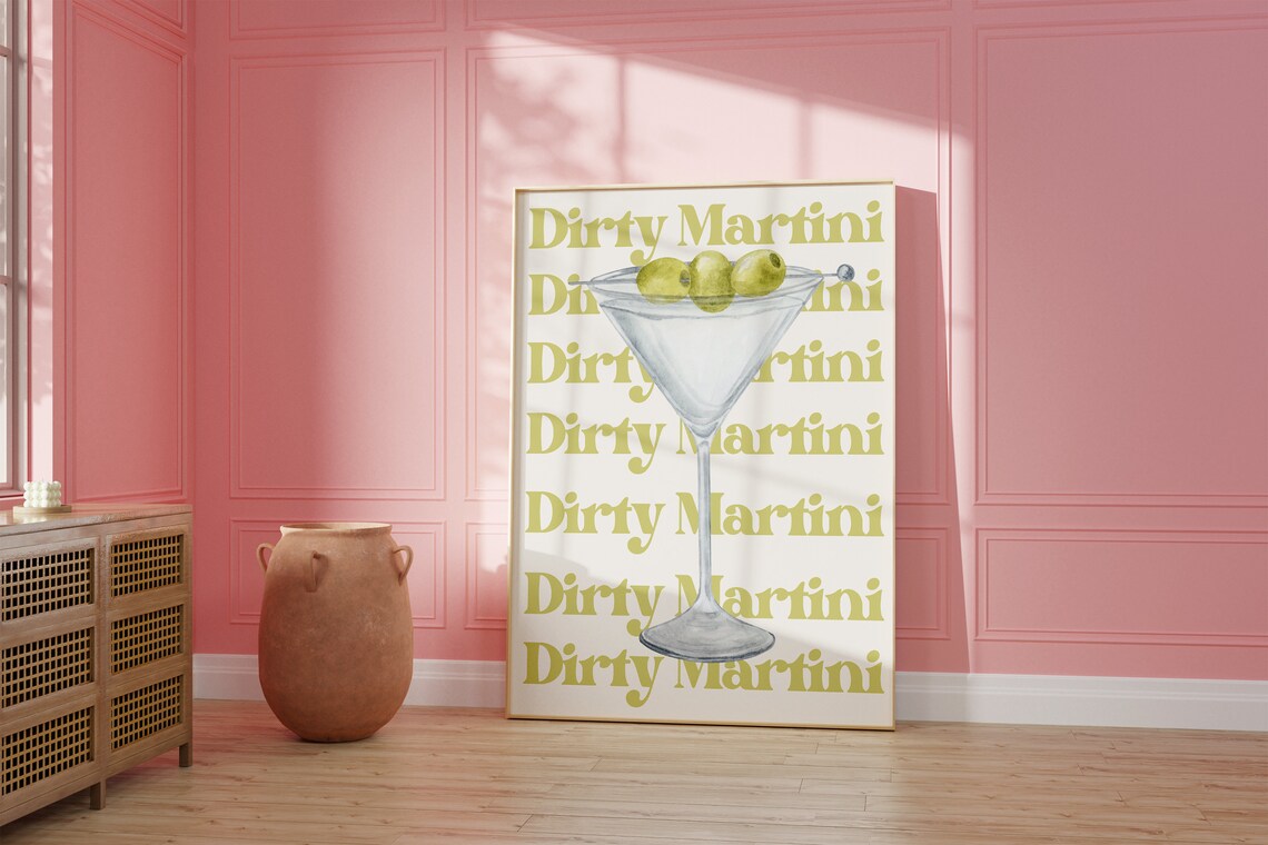Dirty Martini Watercolor Glass With Green Olives Cocktail Poster