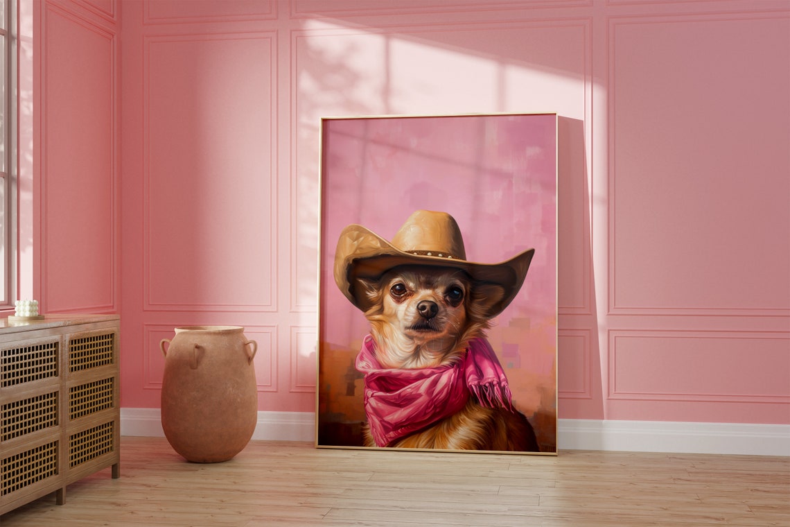 Dog Cowgirl Hat Print Pink Print Vintage Art Western Girly Preppy Trendy Wall Art Puppy Print Cowgirl Hat Print Funky Western Art - Image 2