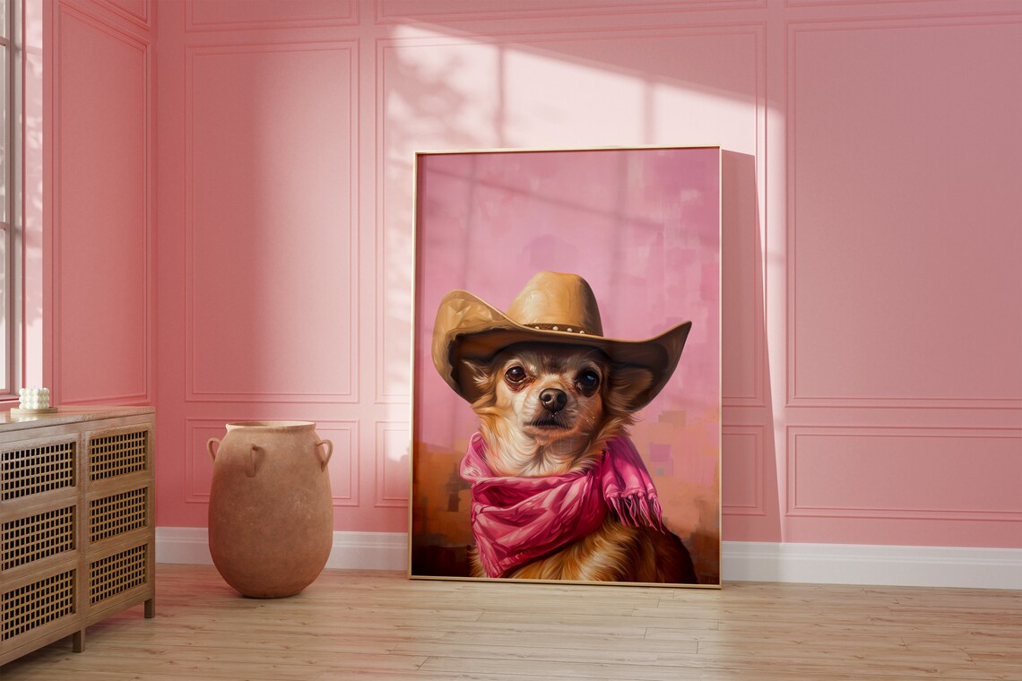Tan Chihuahua in Cowboy Hat Pink Western Pet Portrait Poster - Image 2