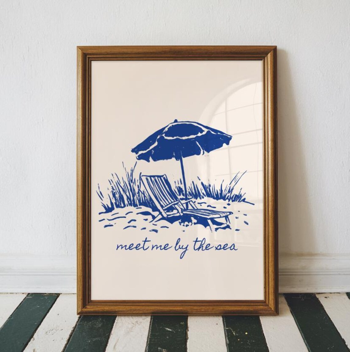 Meet Me by the Sea Blue Umbrella and Lounge Chair Coastal Print
