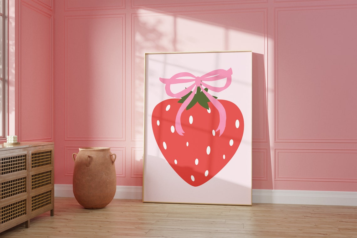 Strawberry With Pink Bow Coquette Fruit Illustration Art Poster - Image 2