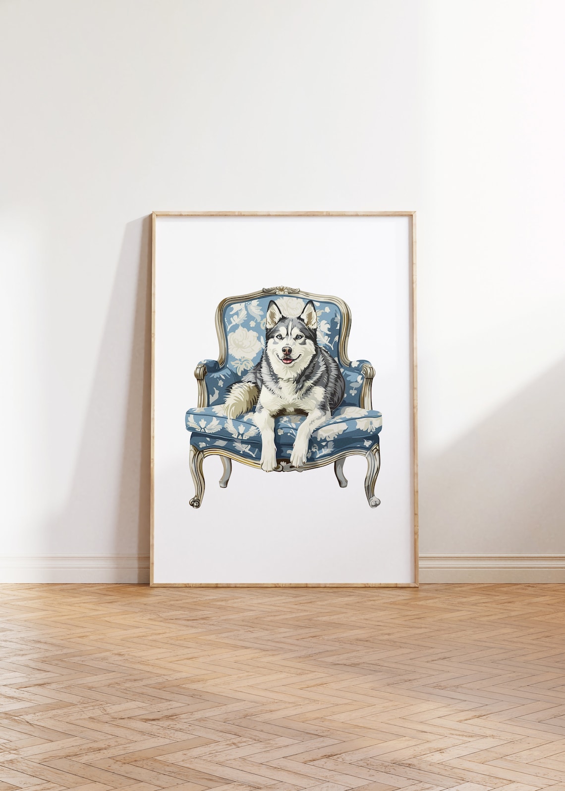 Husky Dog Sitting on Blue Floral Armchair Cute Pet Portrait Poster