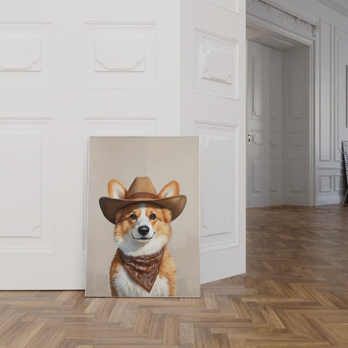 Corgi Cowboy Hat Portrait with Brown Bandana Neutral Beige Poster