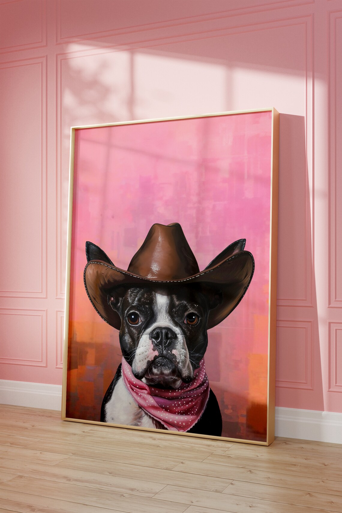 Boston Terrier in Cowboy Hat Pink Western Pet Portrait Art Poster - Image 2