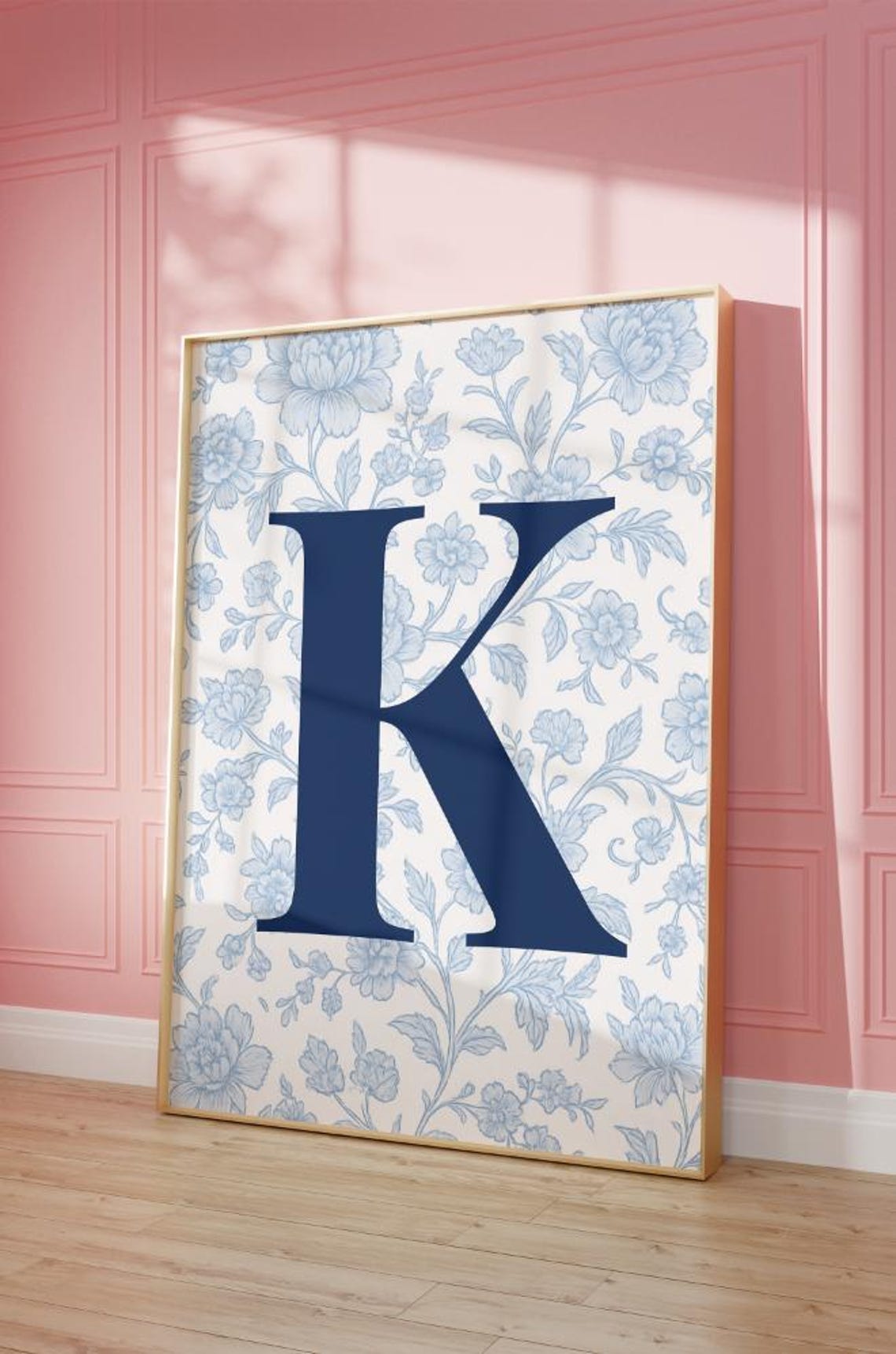 Navy Letter K Blue Floral Chinoiserie Initial Monogram Wall Art