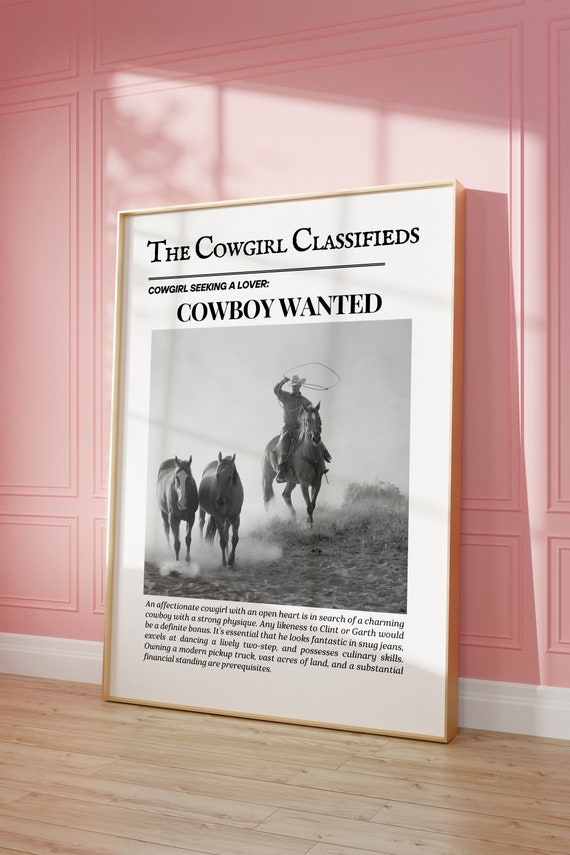 Vintage Cowboy Wall Art Newspaper Wall Art Newspaper Poster Western Wall Art Vintage Bar Cart Dorm Retro Decor Wall Art
