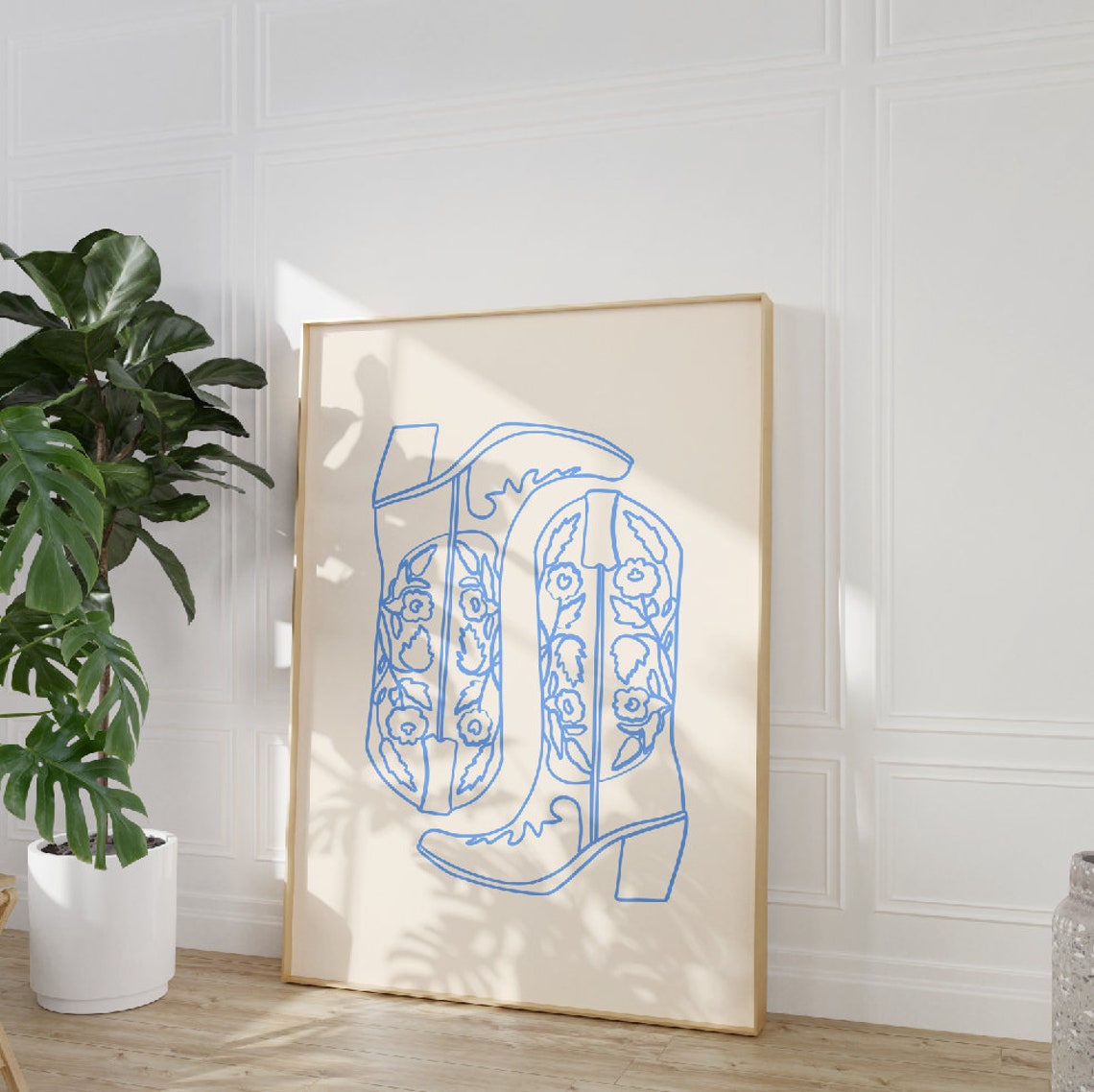 Blue Floral Line Art Cowboy Boots Beige Elegant Poster for Dorms