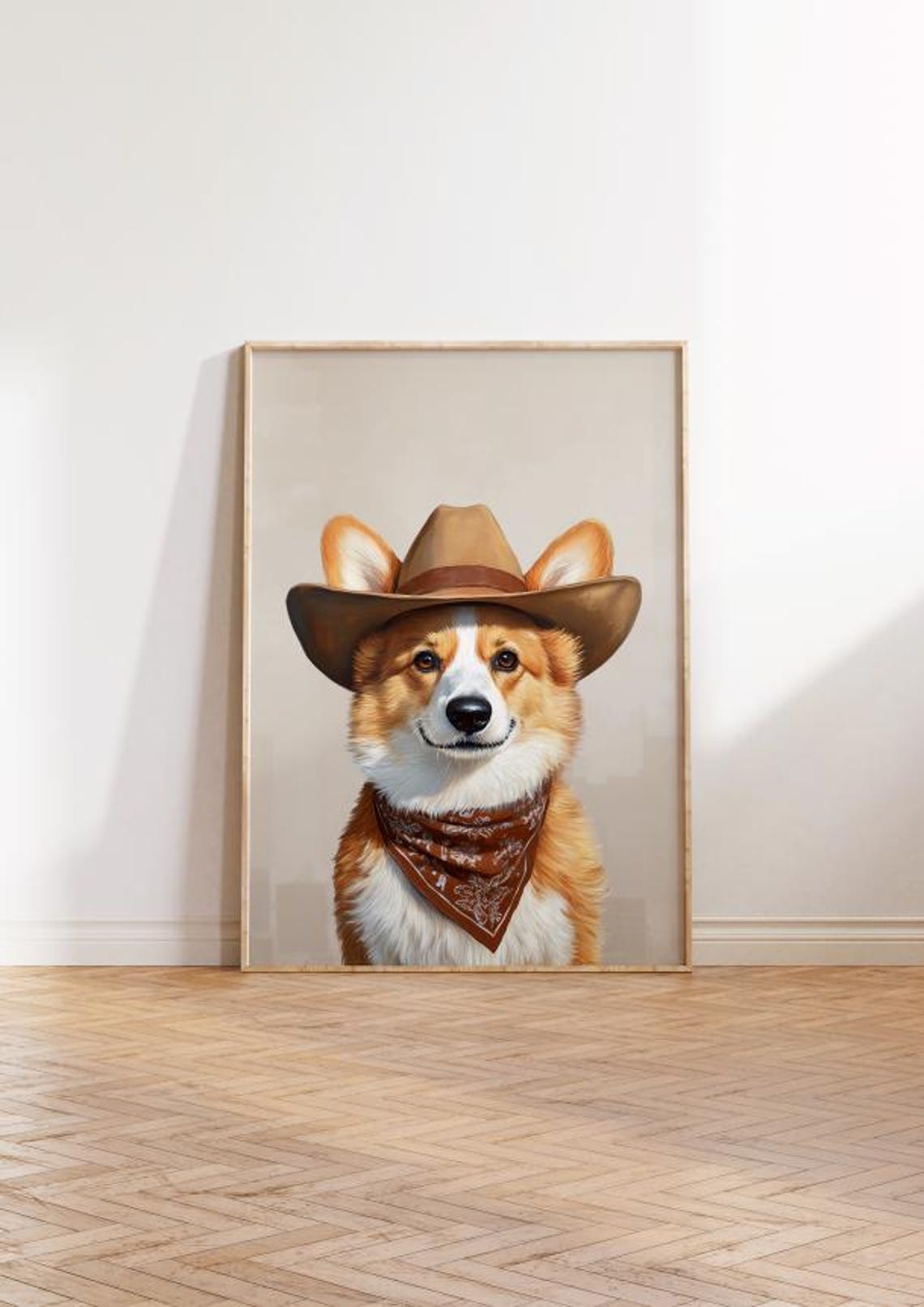 Corgi Cowboy Hat Portrait with Brown Bandana Neutral Beige Poster - Image 2