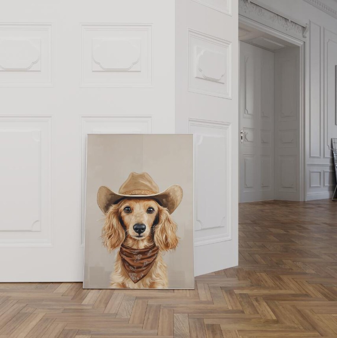 Cream Dachshund Cowboy Hat Print Neutral Aesthetic Print Vintage Art Western Trendy Wall Art Cowgirl Hat Print Funky Western Art