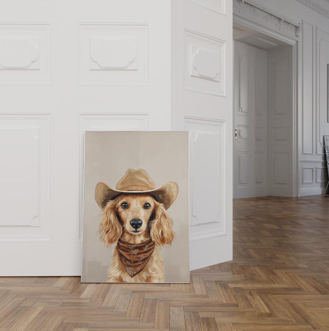 Cream Longhaired Dachshund in Cowboy Hat Rustic Western Art Poster