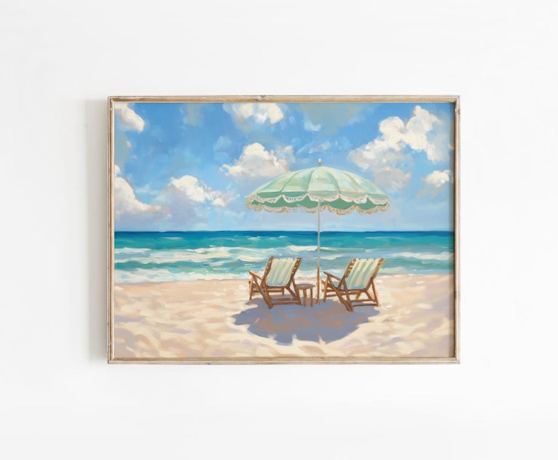 Mint Green Scalloped Beach Umbrella Chairs Coastal Summer Poster