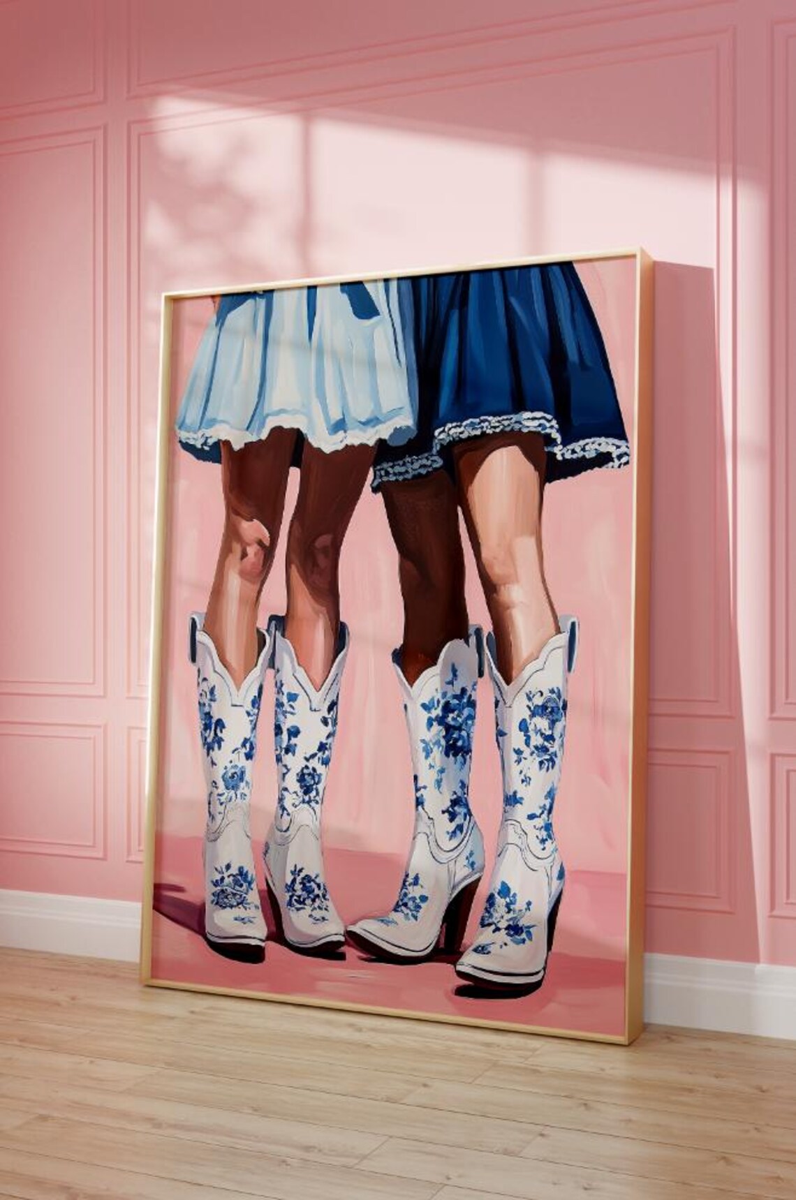 Blue Chinoiserie Cowboy Boots Preppy Western Fashion Art Poster