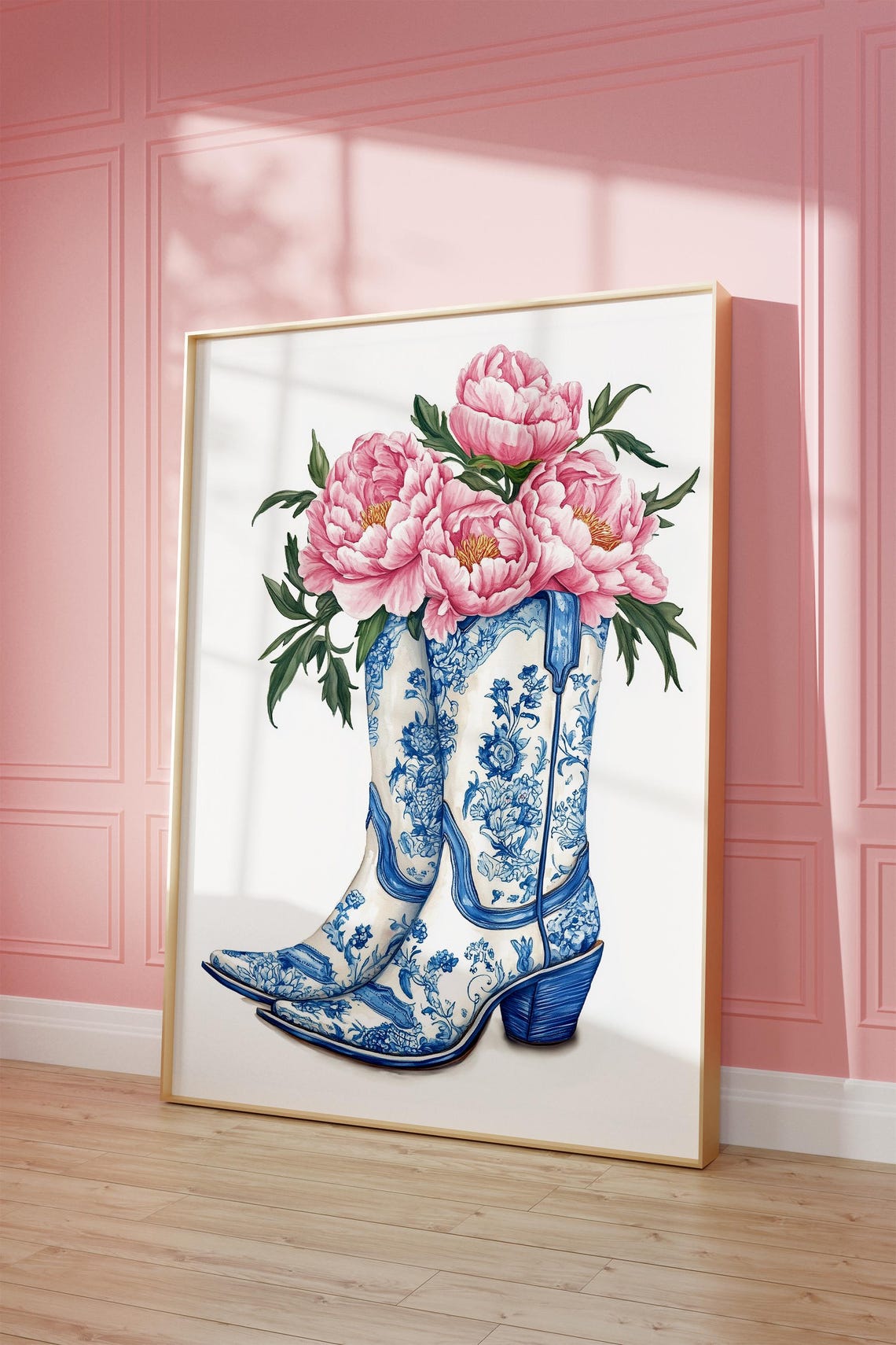 Chinoserie Cowgirl Boots Blue Coquette Coastal Cowgirl Decor Preppy Aesthetic French Trendy Romantic Preppy Dorm Decor Art - Image 2