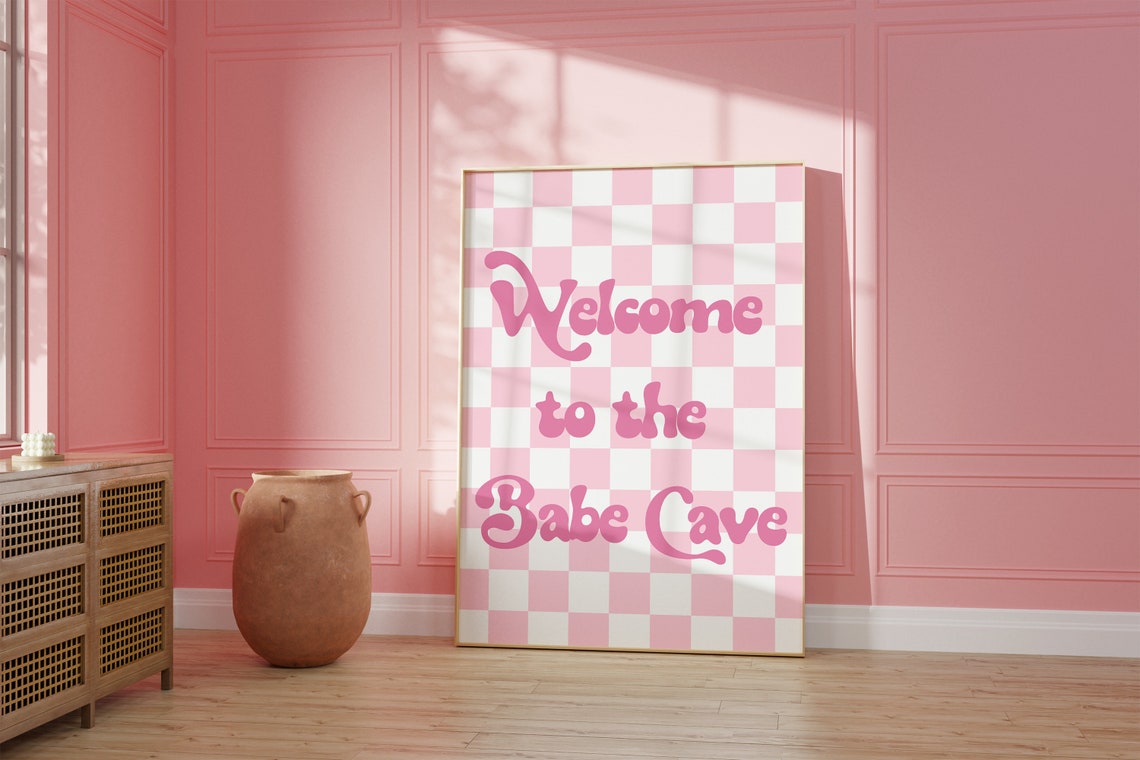 Welcome To The Babe Cave Pink Checkered Retro Quote Dorm Art Poster - Image 2