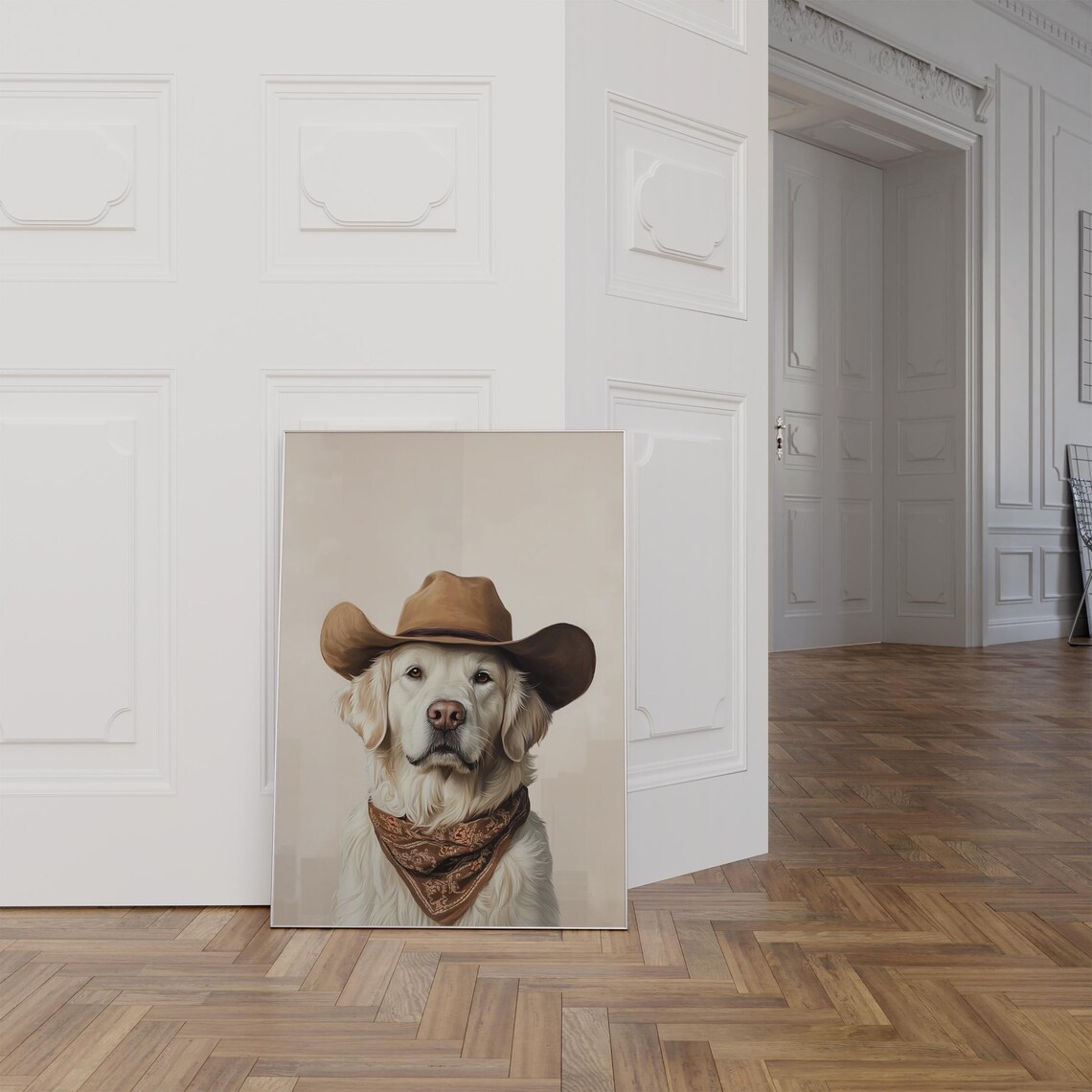 Golden Retriever Cowboy Hat Art Print, Vintage Western