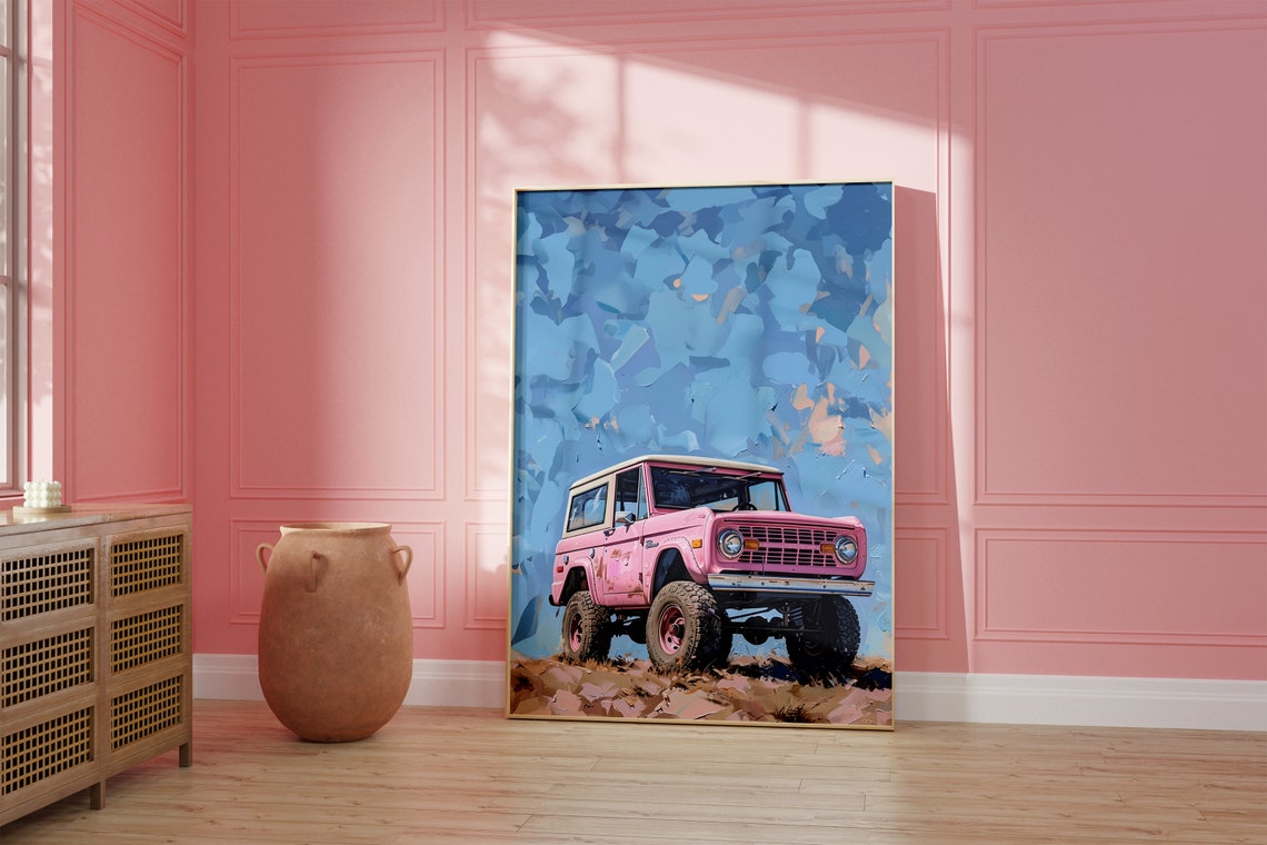 Pink Vintage Ford Bronco 4x4 Painterly Blue Sky Truck Wall Art - Image 2