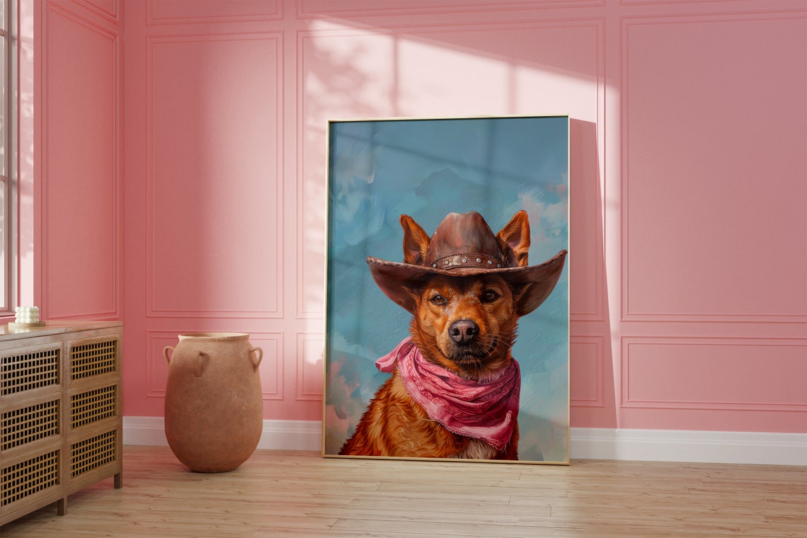 Dog Cowgirl Hat Print Pink Print Vintage Art Western Girly Preppy Trendy Wall Art Puppy Print Cowgirl Hat Print Funky Western Art - Image 2