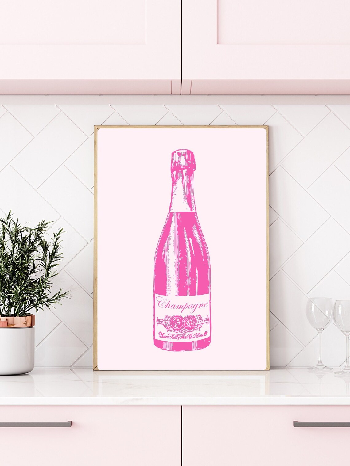 Pink Champagne Bottle Vintage Illustration Bar Cart Kitchen Art Poster