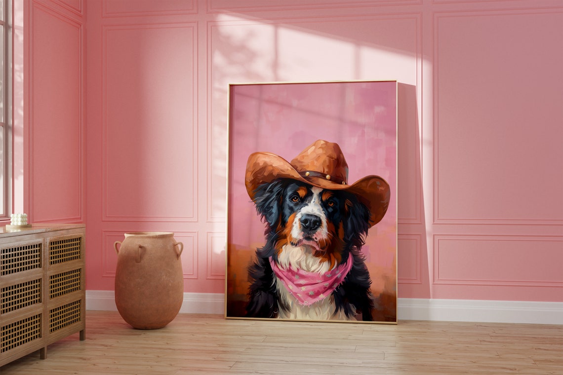 Bernese Mountain Dog in Cowboy Hat Warm Pink Western Dog Art Poster - Image 2