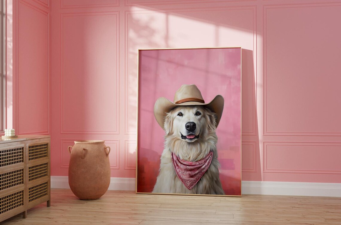 Great Pyrenees Dog Cowgirl Hat Vintage Art Print - Image 2