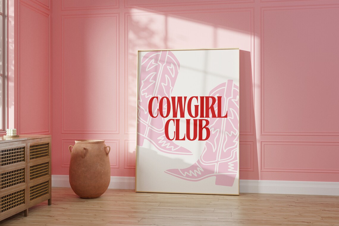Cowgirl Club Red Text Pink Cowboy Boots Western Quote Poster - Image 2