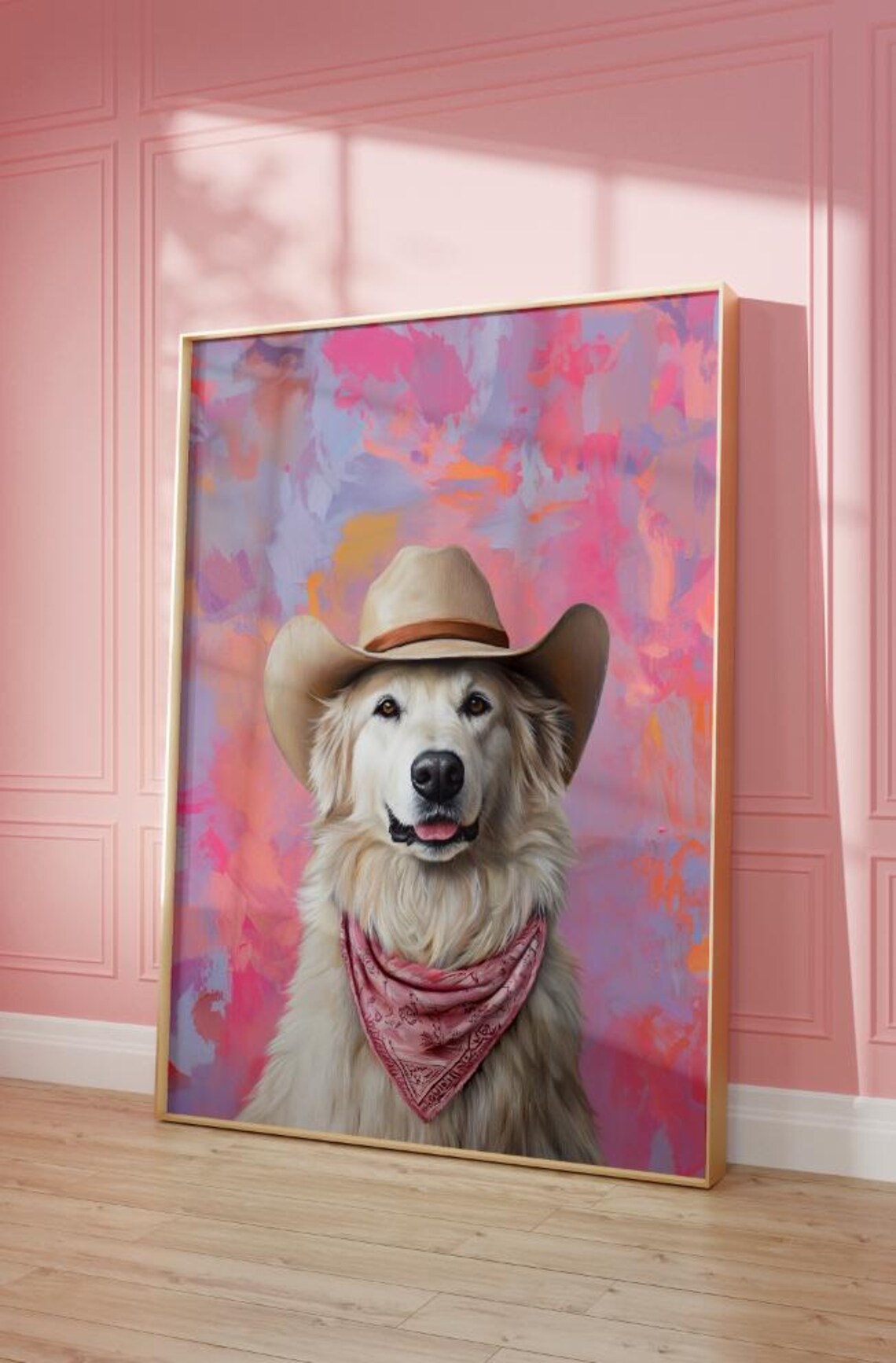 Great Pyrenees Cowgirl Hat Pink Vintage Western Dog Painting Poster