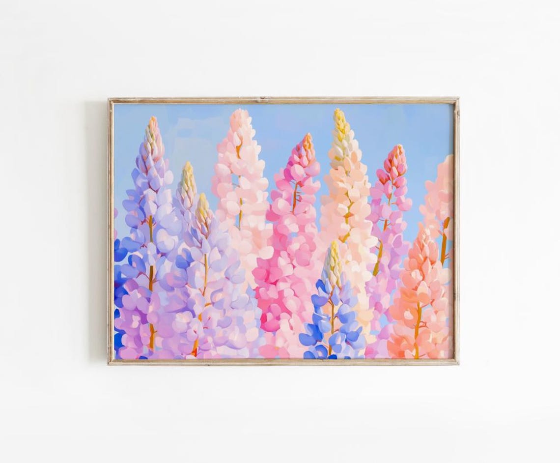 Pastel Pink Lupine Wildflower Meadow Spring Sky Floral Wall Art