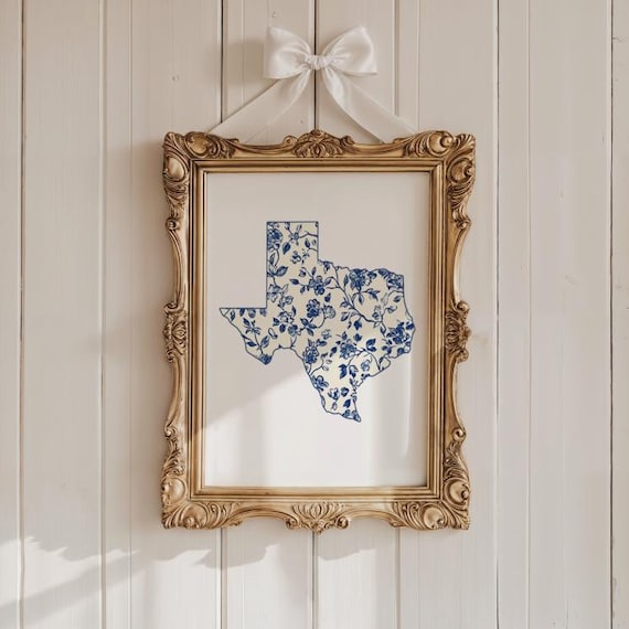 Blue Chinoiserie Texas State Map Floral Home Decor Art Poster