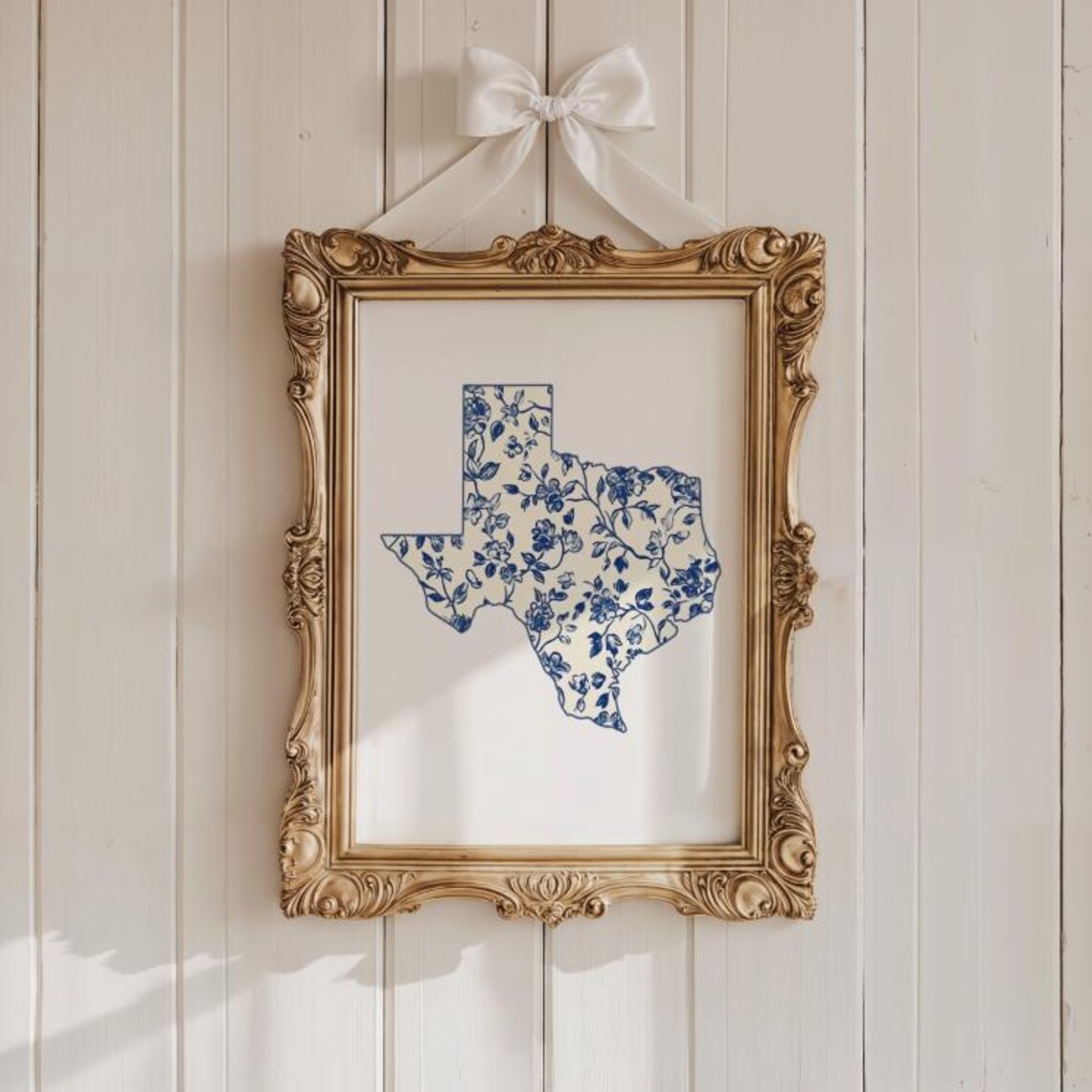 Blue Chinoiserie Texas State Map Floral Home Decor Art Poster
