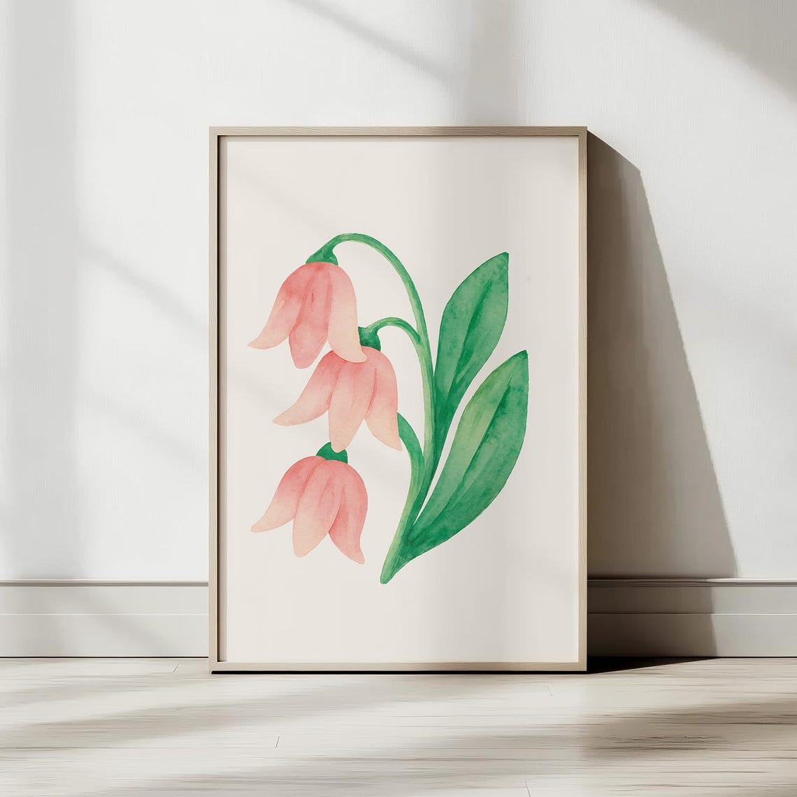 Pink Bellflower Watercolor Stem Minimal Soft Floral Wall Art